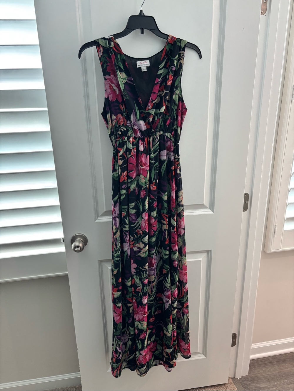 New York & Company Black Maxi Dress with Pink Floral Print